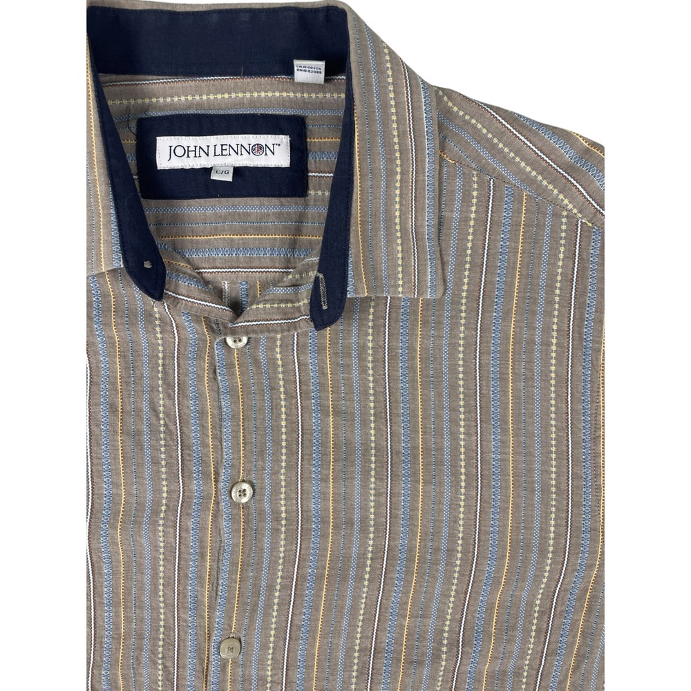 John Lennon Button Down Shirt Mens L Brown Striped Long Sleeve Peace Sign Cotton